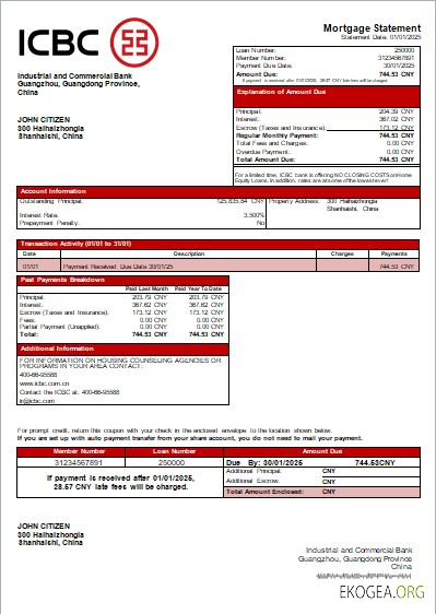 Relevé hypothécaire de la banque ICBC de Chine scr